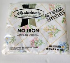 VTG Meadowbrook Luxury Muslin King Faux Cross Stitched Pink Floral Fitted Sheet picture