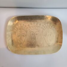 Mid-century modern mcm brass tray modernist inlaid face folk rectangle large big picture