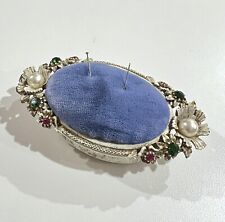 Vintage Florenza Jeweled Trinket & Pin Cushion Box with Blue Velvet Top picture
