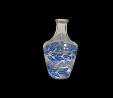 Vintage Clear Glass Carafe with Blue and White Leaf Pattern 