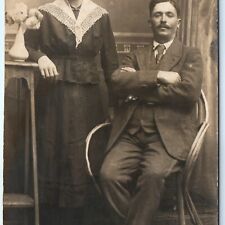 c1910s European Couple RPPC Handsome Mustache Man Smirk Real Photo Woman A173 picture