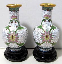 Vintage SMALL Chinese  HAND MADE CLOISONNE VASES with STANDS ORIGINAL BOX picture