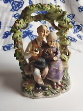 Norleans Japan Figurine Old Couple Sitting on Bench Porcelain Bisque Pipe Arch picture