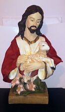 Vintage Jesus in Red Cloth Holding Lamb Resin Bust with Flowers on Base picture
