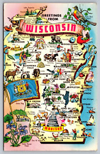 Greetings from Wisconsin-Large Letter/Pictorial Map-c.1968 Badger State Postcard picture