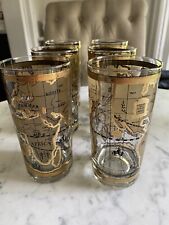 Vintage Mid Century bar barware Cera Old World Map set 22K gold highball glasses picture