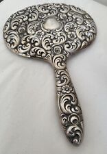 Vintage Hand Held Alpaca Silver Mirror Decorative Repousse’ Pattern 10”x 6.5” picture