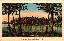 Greetings From Morwood PA Pennsylvania Lake Boat Sunset Linen Postcard UNP VTG picture