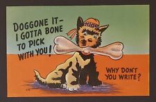 Doggone it Dog wearing Hat with Bone in Mouth Humor Postcard Why Don't You Write picture