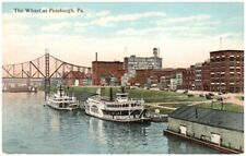 Vtg Postcard Pittsburg PA View of the Busy Wharf Area ~ Ferry Ships Bridge picture