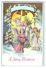 1909 A Merry Christmas Lovely Children Angels Bell Winter Scene - Sent Otego NY picture