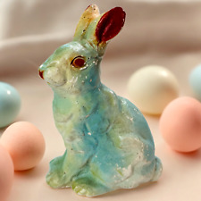 Vintage Chalkware Bunny Rabbit Figurine Easter Pastel Paint Blue Sitting Decor picture