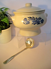 Pfaltzgraff Soup Tureen with Lid and Silverplate Ladle, Blue Yorktown Pattern. picture