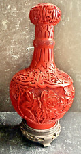 Vintage Chinese Cinnabar Vase Hand Carved Peony Flower Floral Artwork China 9