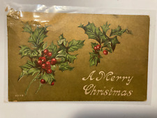 C. 1909 Antique Merry Christmas Postcard Holly & Gold Shimmering Background picture