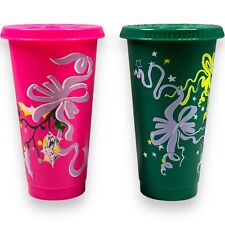 Starbucks Lot of 2 24 oz Tumblers Holiday Christmas Theme Pink & Green NO Straws picture