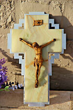 French vintage onyx marble metal chrome Christ crucifix cross religious  picture