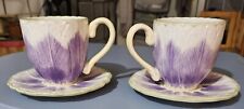 Pair of Longaberger Pottery Purple Crocus Flower Tea Cup and Saucer Sets picture