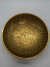 Vintage Ornate Round Brass Trinket Dish With Etched Flower & Leaf -Made in India picture