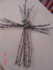 VINTAGE BARBED WIRE CROSS WITH METAL DECORATION IN CENTER 20