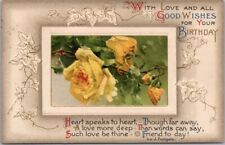 Vintage Winsch HAPPY BIRTHDAY Embossed Postcard Yellow Roses / 1912 Cancel picture