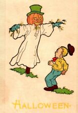 C.1910 Jack-O-Lantern Pumpkin Scarecrow Scaring Boy Gibson Halloween JOL P109 picture