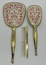 Vintage Vanity Set 3 Piece Gold Tone Brush, Mirror, Comb Ornate Pink Floral picture