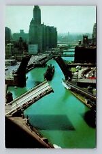 Chicago IL-Illinois, Aerial Bridges, Chicago River Ft Dearborn, Vintage Postcard picture
