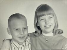 Smiling Boy & Girl In Studio Portrait Brother Sister B&W Photograph 2.5 x 3.5 picture