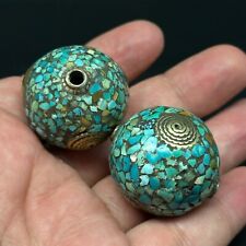 Vintage Nepali Tibetan Old Turquoise Brass 2 Spacer Beads For Unique Designing picture