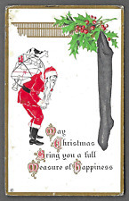 Chistmas Postcard Embossed SANTA CLAUS and Long Black Stocking Holiday Greeting picture