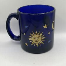 VTG Libbey CELESTIAL Sun Moon Stars FRIENDS Coffee Mug Cobalt Blue USA 90s- Chip picture