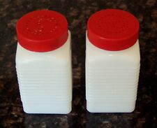 McKee Embossed Art Deco Salt and Pepper Shakers Vintage Milk Glass with Red Tops picture