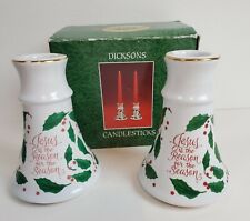 Vtg Dicksons Jesus Holly Berries Candlestick Christmas Holders Red Green W/ Box picture