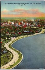 Tampa Florida FL, Bayshore Boulevard from Air and City Skyline, Vintage Postcard picture
