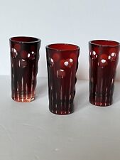 Vintage Bohemian Ruby Red Coin Dot/ Cut To Clear Cordial Glasses (3) picture