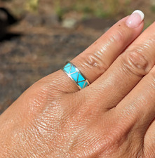 Zuni Ring Sterling Silver Turquoise Inlay Native American Jewelry Sz 5.5US picture