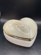 Genuine White Alabaster Floral Jewelry Trinket Box Italy Hand Carved Hinged Vtg picture