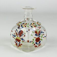 Stiegel Type Blown Flask Enameled Floral, Antique Colonial Glass c.1760 3 3/4