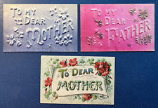 3 Mother's & Father's Day Antique Postcards. EMB. Gold. 2 Air Brushed. Flowers picture
