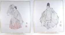 Pair Handmade Illustrations of Japanese Theater Noh Actors on Shikishi Board picture