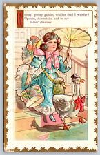 C1910 NURSERY RHYME postcard GOOSEY GOOSEY GANDER  girl w/parasol picture