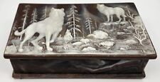 Vintage Incolay Stone Hinged Trinket Jewelry Box Wolf Wolves Brown Rectangle  picture