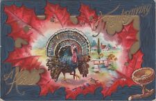 Hearty Thanksgiving Postcard Huge Red Oak Leaf Turkey Acorn UNP c1910s PC 6496d1 picture
