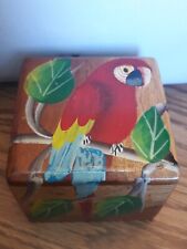 Wood Hand Painted Red Parrot Trinket Treasure Box With Leaves Design 3