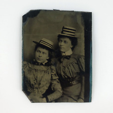 Affectionate Girls Wearing Hats Tintype c1870 Pretty Women 1/16 Plate A4139 picture