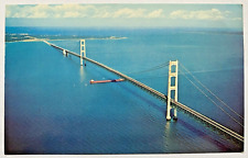 Mackinac Bridge Aerial View With Ship Freighter Michigan MI Vintage Postcard picture