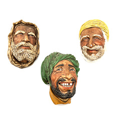 VTG 70's Lot of 3  Middle Eastern Men Chalkware Head Wall Hanging Hand Painted picture