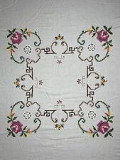 Vintage Hand Embroidered Cross Stitch Table Topper 32” Colorful Floral Cutout picture