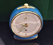 Stylish 1950's Vintage Alarm Clock Blue Enamelled Metal Finish Desktop Shelf  picture
